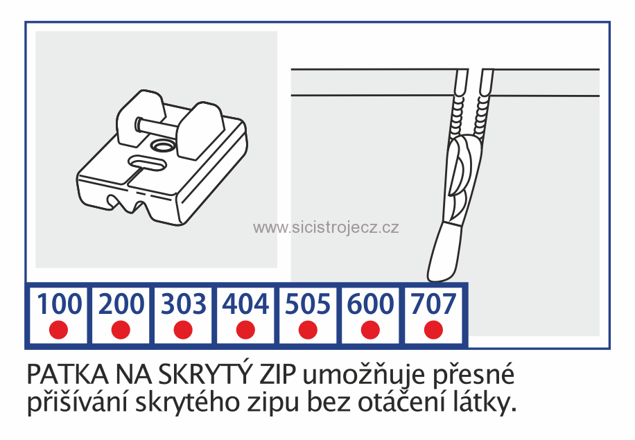 Patka pro skrytý zip - univerzální patka pro domácí šicí stroje 